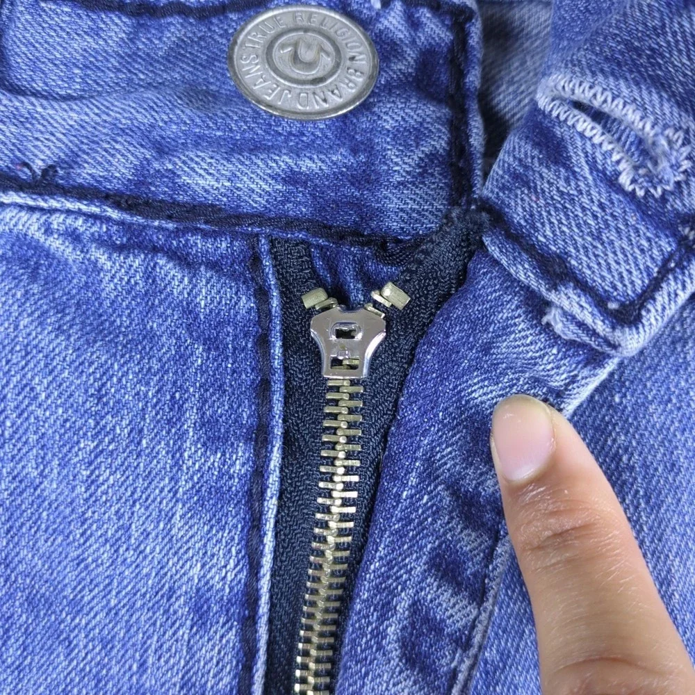 True Religion Ricky Jeans Mens 34x31 Blue Distressed Stone Wash Flap Pockets USA